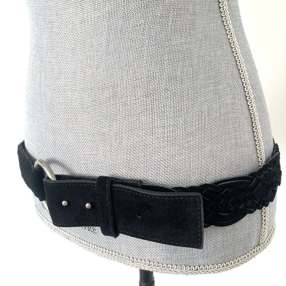 Elegant Black Suede Leather Woven Belt with Silver Buckle Sz L 40” W Boho Chic